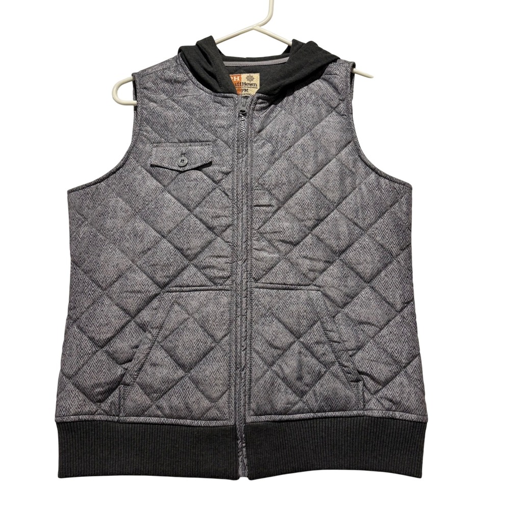 Ruff Hewn Quilted Vest Hooded Herringbone Pattern‎ Gray Black Women's Size PM